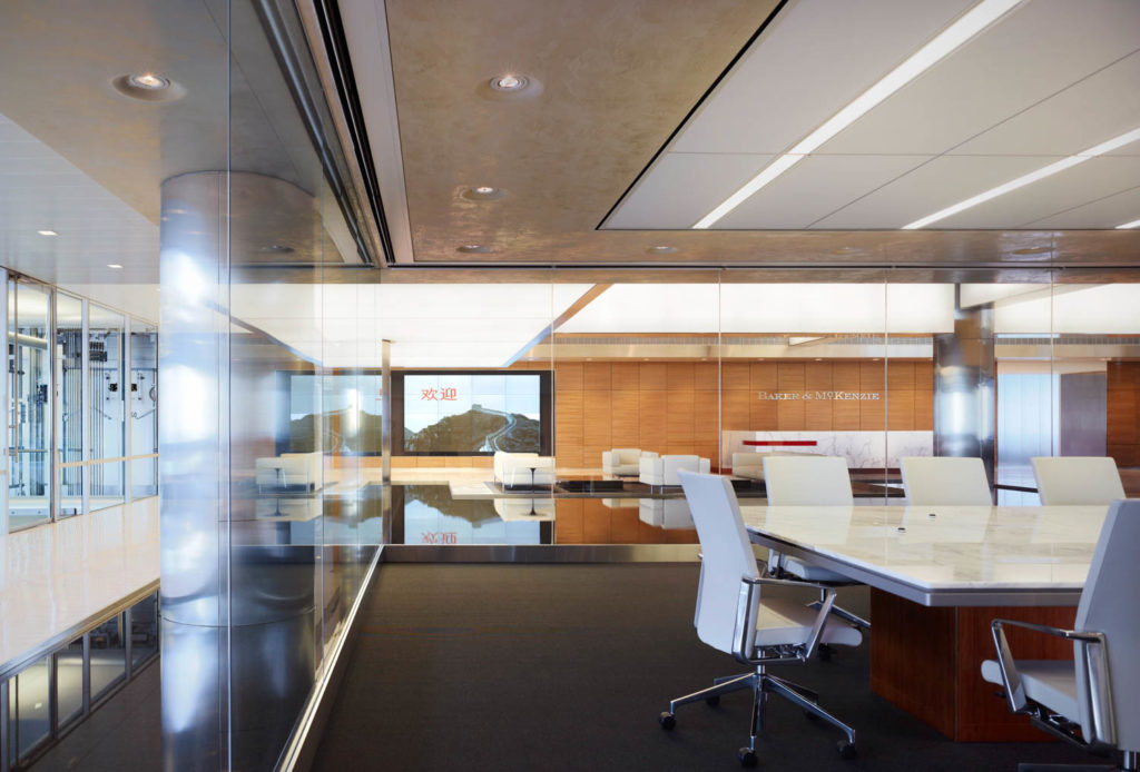 Baker McKenzie by Goettsch Partners, glass-walled boardroom off the reception area, Chicago