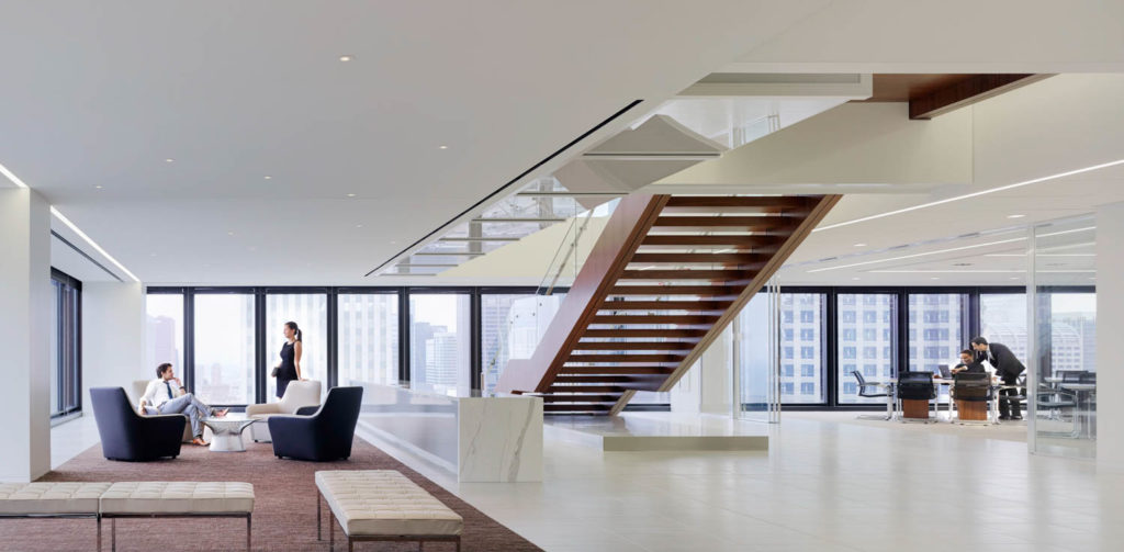 Latham & Watkins by Gensler, floating wood stair between office floors, Chicago
