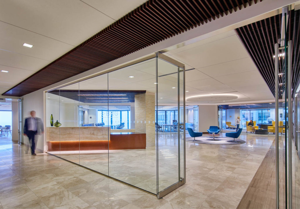 BRG by Unispace, glass meeting room off the reception area, Chicago