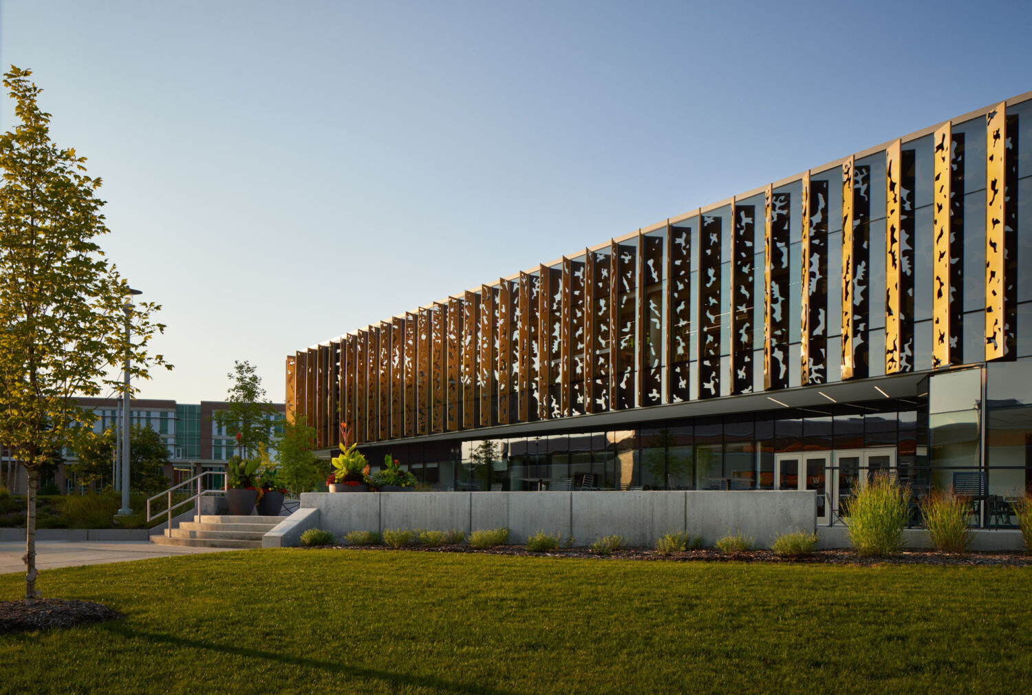 Gold perforated fins along the upper floor of the Western Michigan University Student Center above a glass ground floor and planted lawn