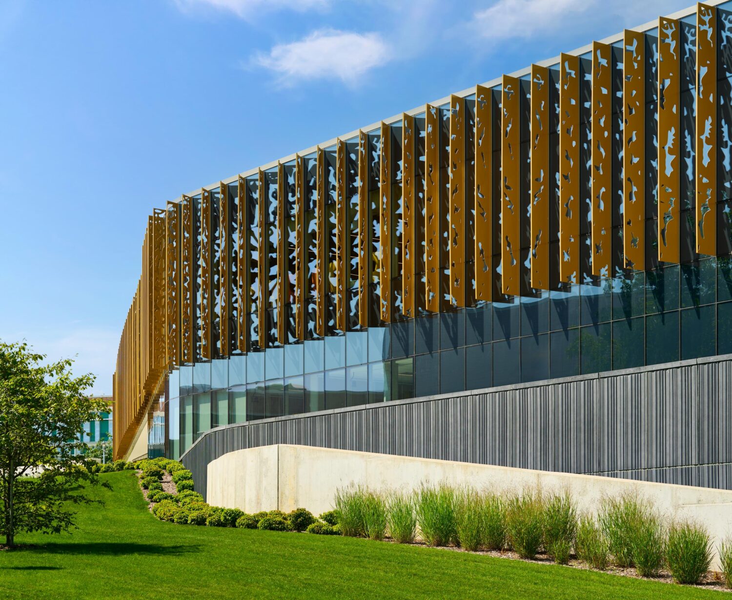 Close view of the Western Michigan University Student Center gold fins with tree-canopy cutouts above glass and dark stone-textured base