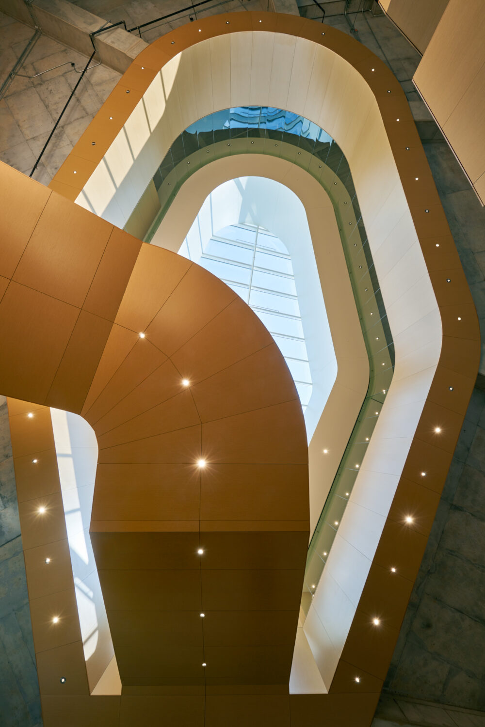 Looking straight up through the Western Michigan University Student Center atrium, curved cedar and white bands framing the skylight