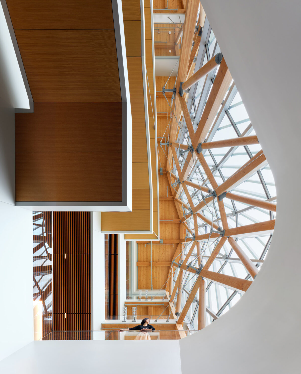 Wood and glass structure framing the atrium of the Resnick Sustainability Center at Caltech by Yazdani Studio of CannonDesign