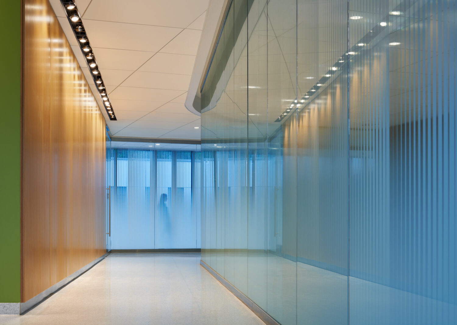 Corridor lined with translucent blue glass and wood panels, Sheppard Pratt Baltimore/Washington Campus by CannonDesign, Elkridge, Maryland