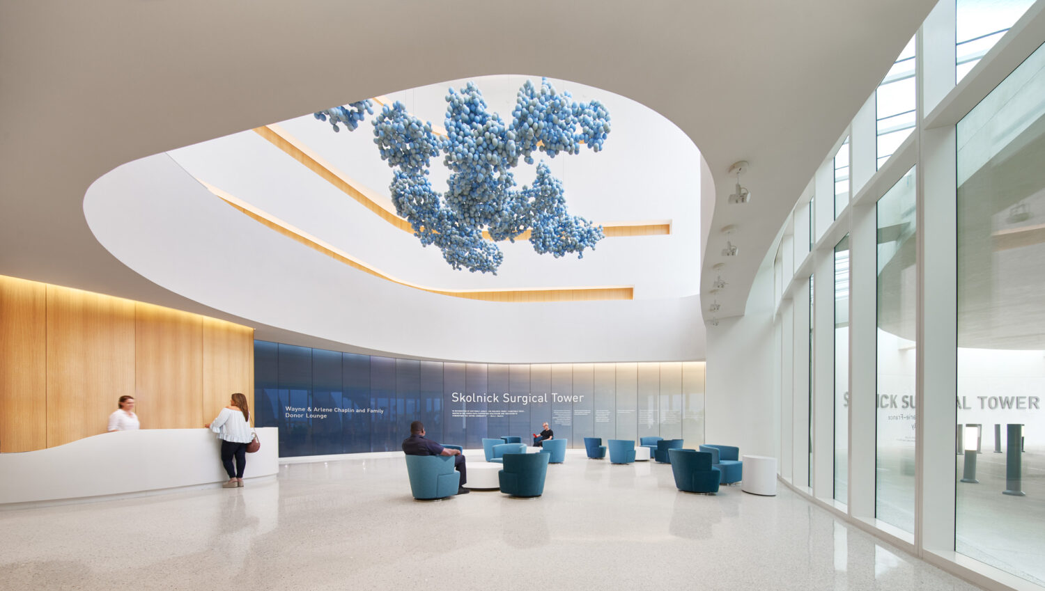 Main lobby and reception beneath an oval skylight, Skolnick Surgical Tower by CannonDesign, Miami Beach, Florida