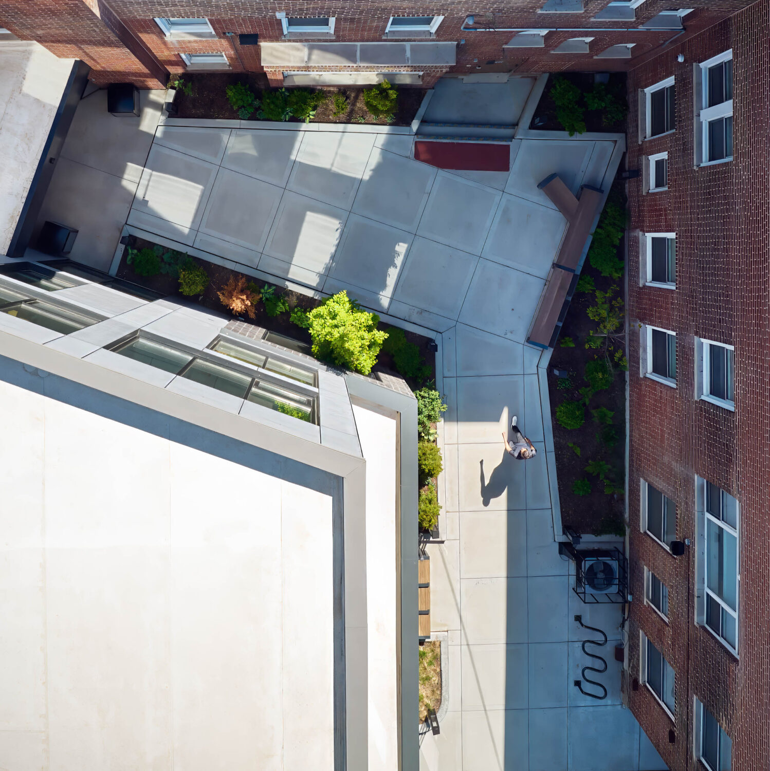 Aerial view looking straight down into the landscaped entry courtyard of Thresholds Center for Mental Wellbeing South