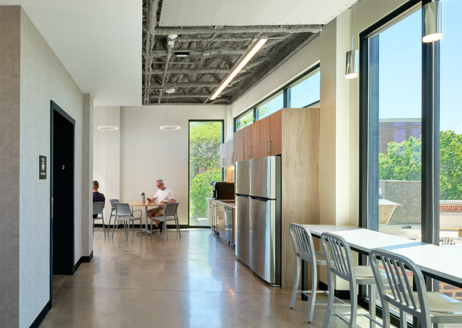 Third floor staff lounge with kitchen and window counter at Thresholds Center for Mental Wellbeing South