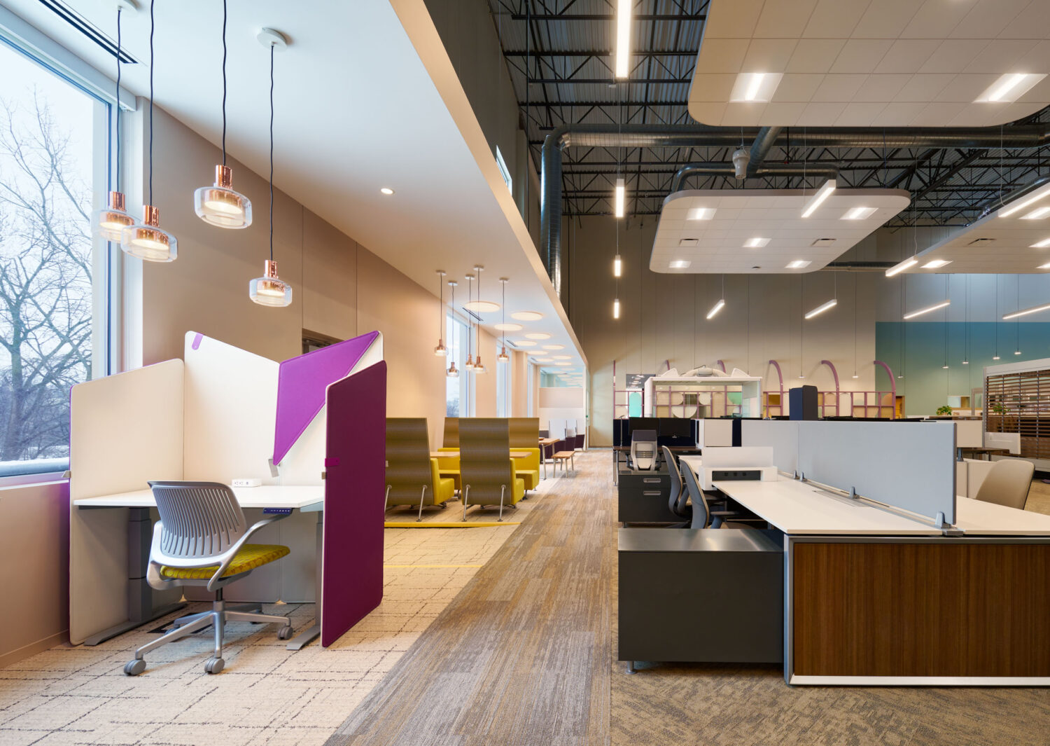 Workstations with purple privacy screens and copper pendants by the windows at Forward Space