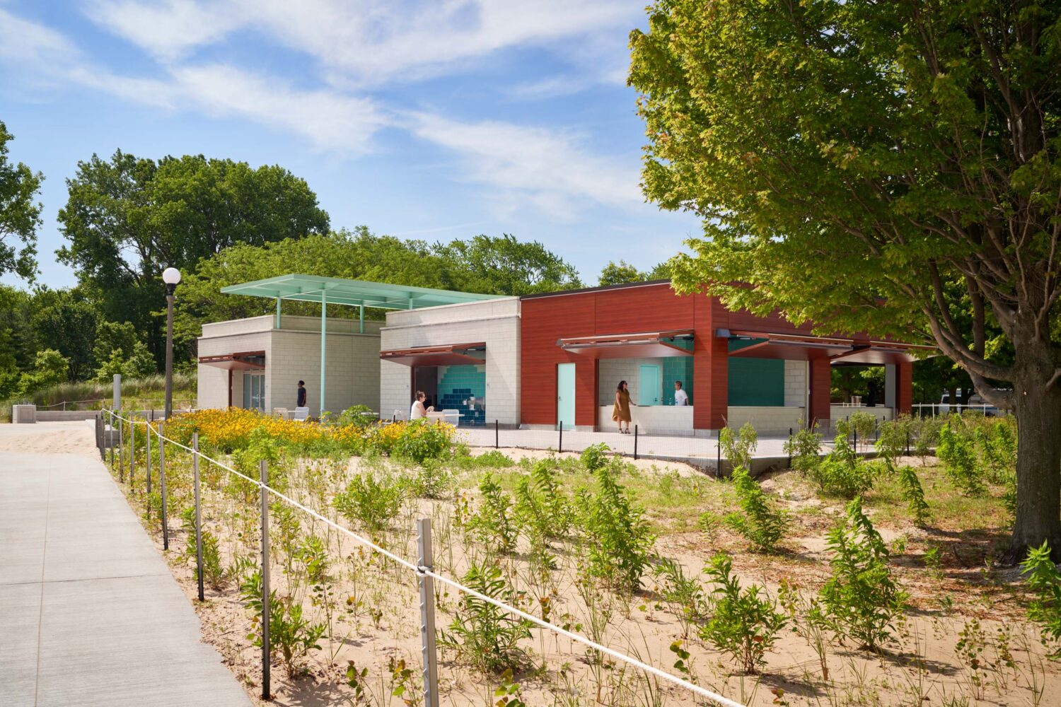 South Shore Beach House with concession windows open beside native dune plantings and the beach walk in summer