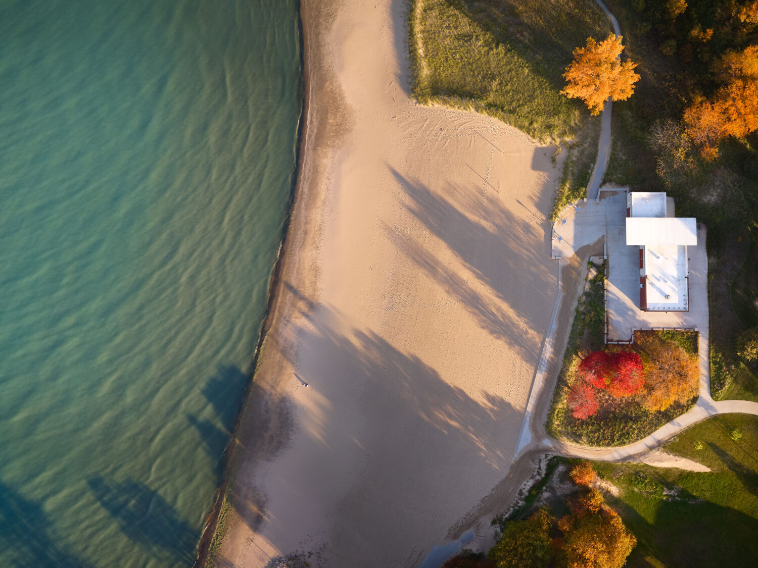 Overhead aerial of South Shore Beach House in fall, long shadows across the beach and red and gold trees around the building