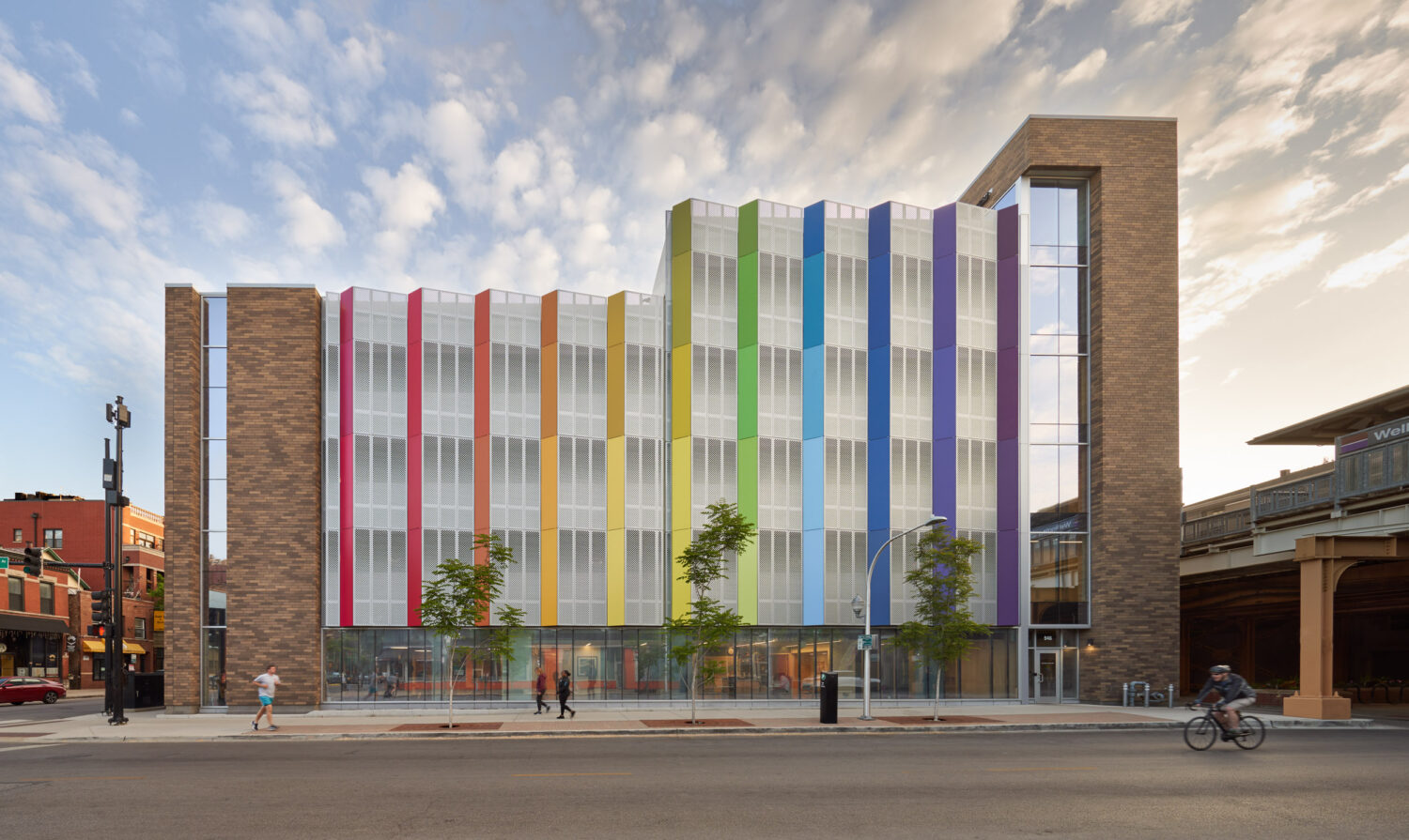 Street facade with rainbow-colored vertical fins, Advocate Illinois Masonic Medical Center by SmithGroup, Chicago, Illinois