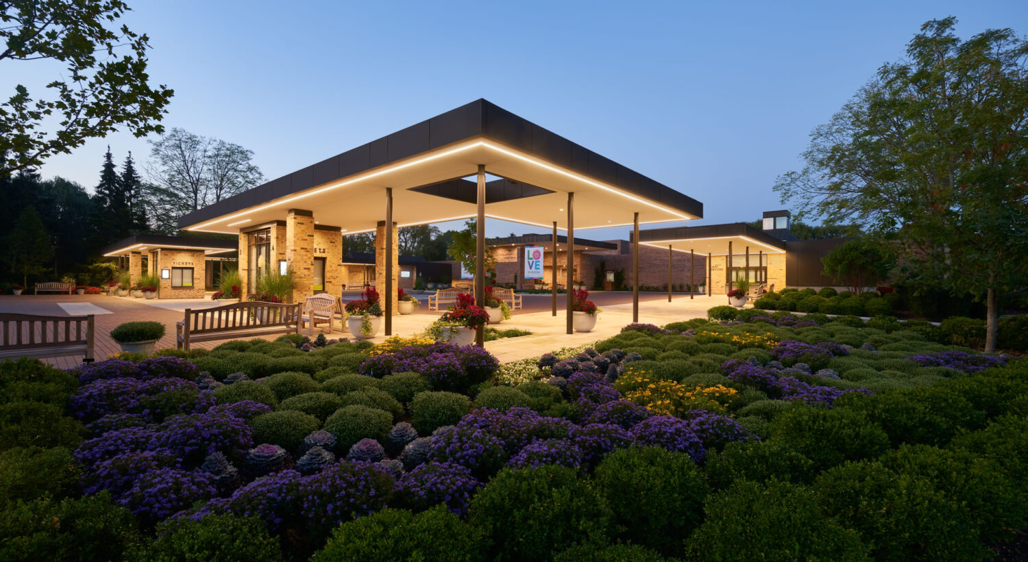 Welcome Plaza canopy at the Chicago Botanic Garden lit before dawn above beds of purple and gold mums