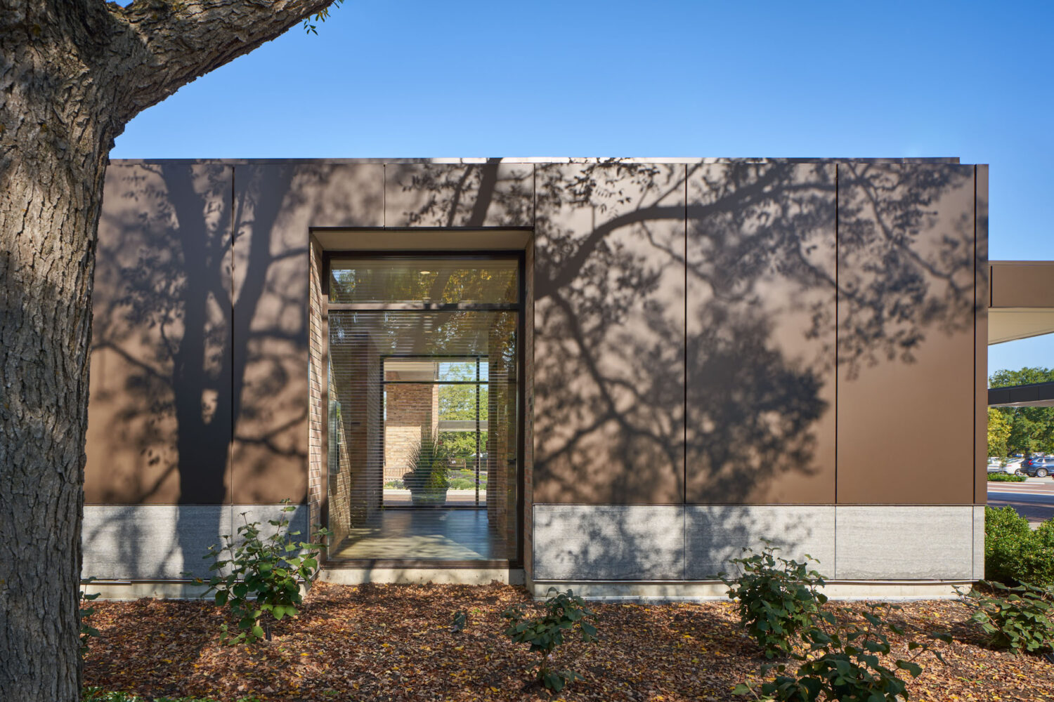 Bronze metal panel wall of a Chicago Botanic Garden pavilion with tree shadows and a glass entry